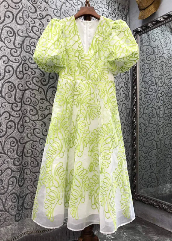 Everyday Basics Women Green V Neck Embroidered Cotton Mid Dress Summer