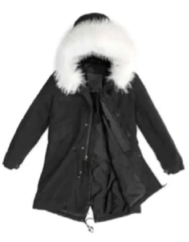 Sophisticated Style Black Parka Quilt Lining White Fur