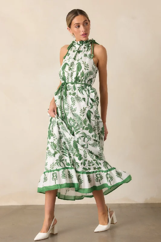 Minimalist Style Breeze Through Paradise Cotton Green Tropical Print Maxi Dress