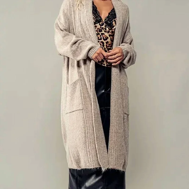 Limited Time Offer Elongated Soft Knit Open Cardigan In Beige