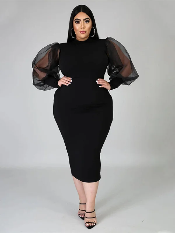 Limited Stock, Big Sale Mock Neck Sheer Sleeve Split Dress