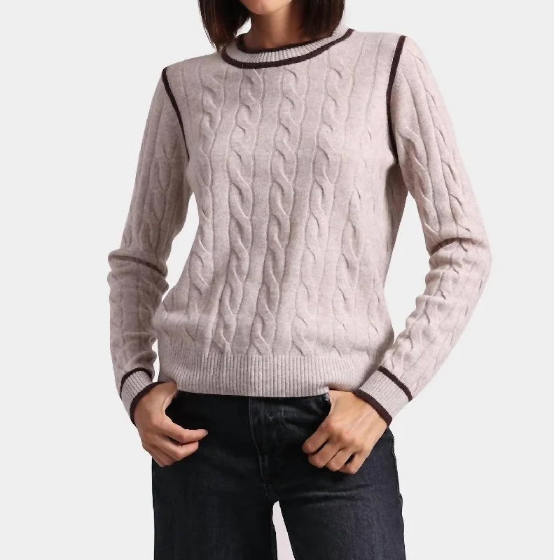 Online Boutiques Clothing Cashmere Mixed Stitch Crew With Tipping Sweater In Ecru/chocolate