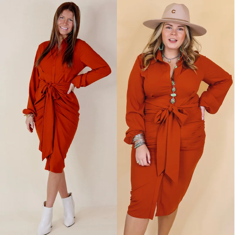 Seasonal Clearance Last Chance Size Small & Medium | Heart On The Line Button Up Ruched Front Midi Dress with Waist Tie in Rust Orange