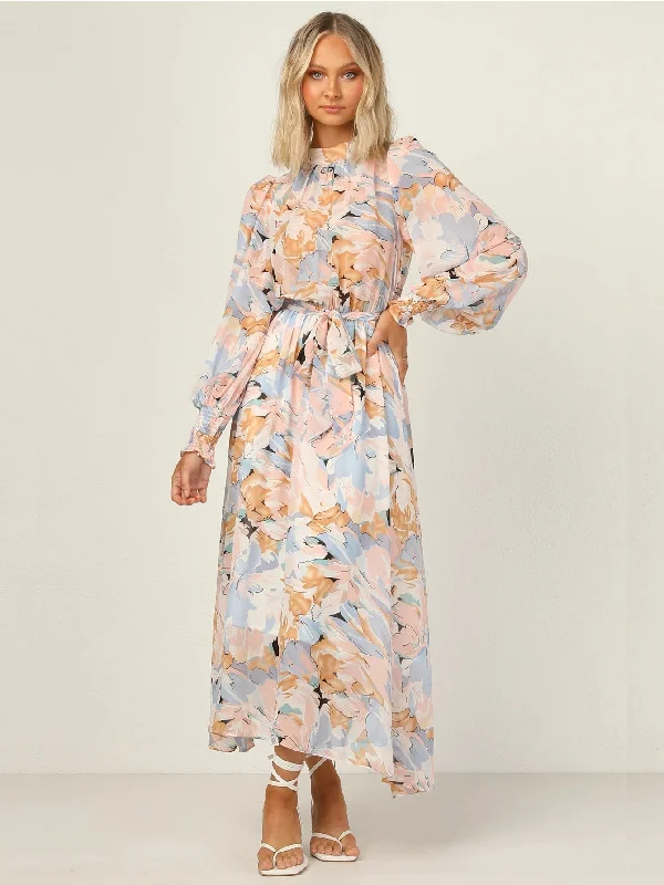 Casual Chic KittenAlarm - Oversized Floral Print Self Waist Tie Dress