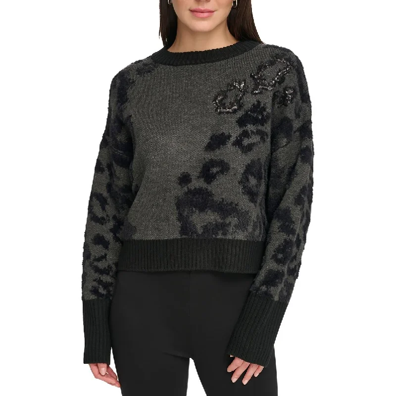 Stay Ahead In Style Womens Sequined Printed Crewneck Sweater