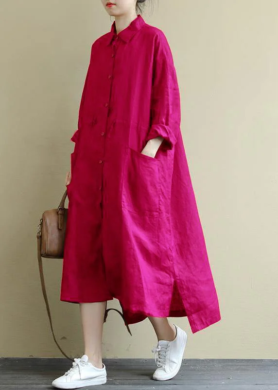 Comfortable Casual Women's Clothing Rose Linen Shirt Dress Casual Oversize Spring Maxi Dresses