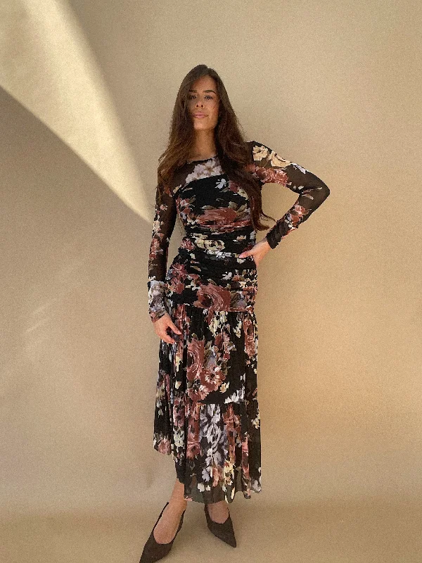 Elegant Attire For The Modern Lady Mesh Floral Gathered Maxi Dress