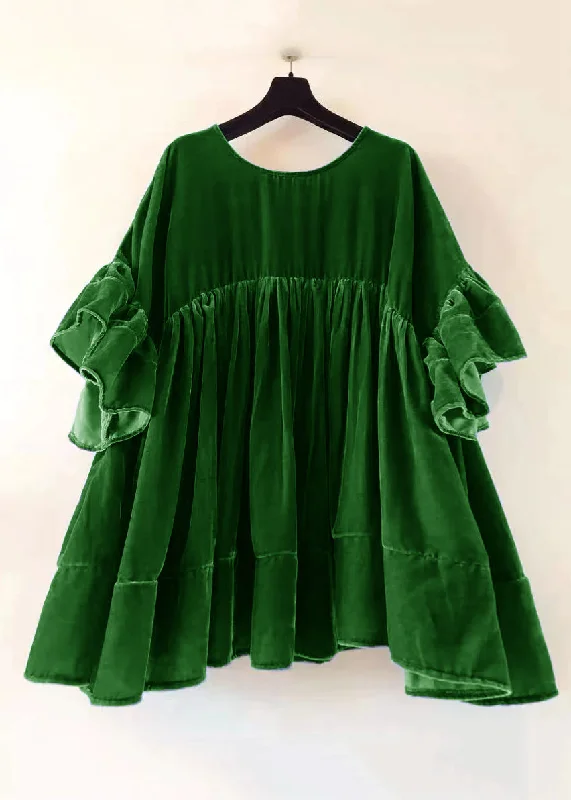 Trendy Street Style Clothing Plus Size Green Wrinkled Patchwork Velour Short Dress Butterfly Sleeve