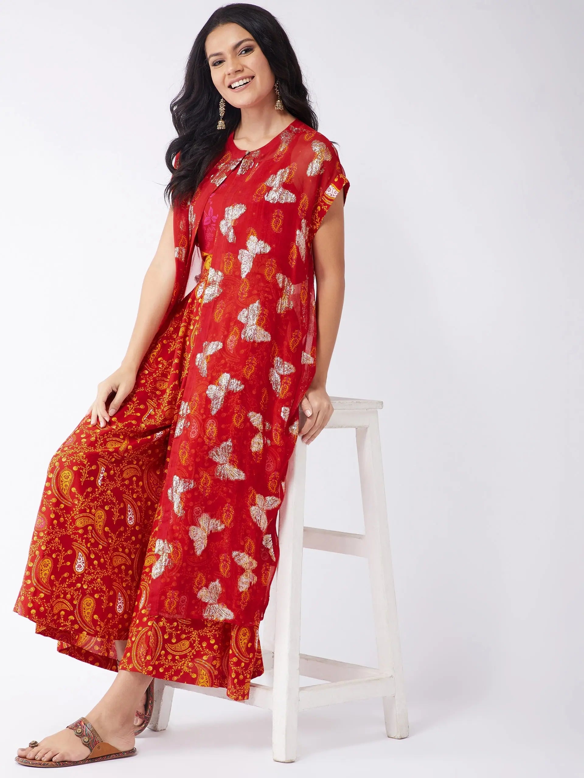 Limited Time Offer Sindoor Digital Printed Jumpsuit With Embellished Lurex Shrug