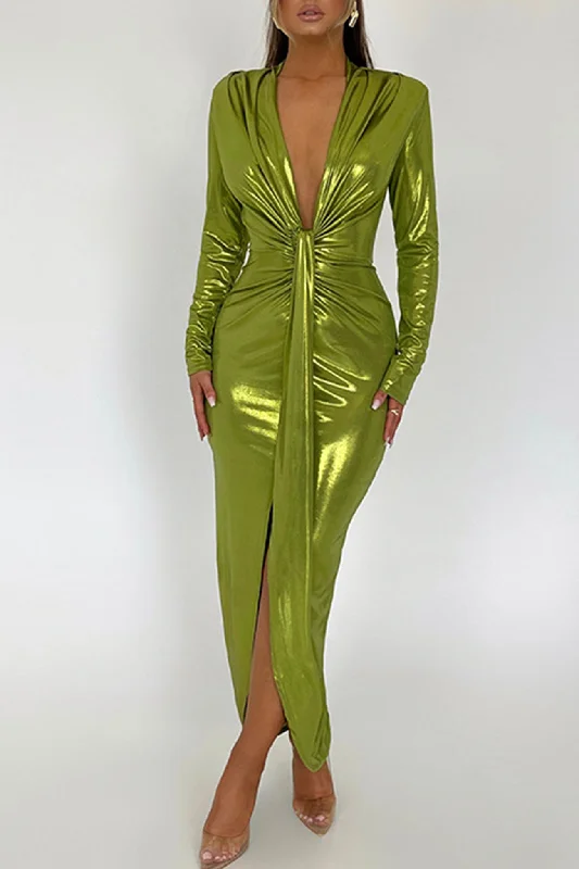 Elegant Clothing Glossy V Neck Ruched Slit Dress