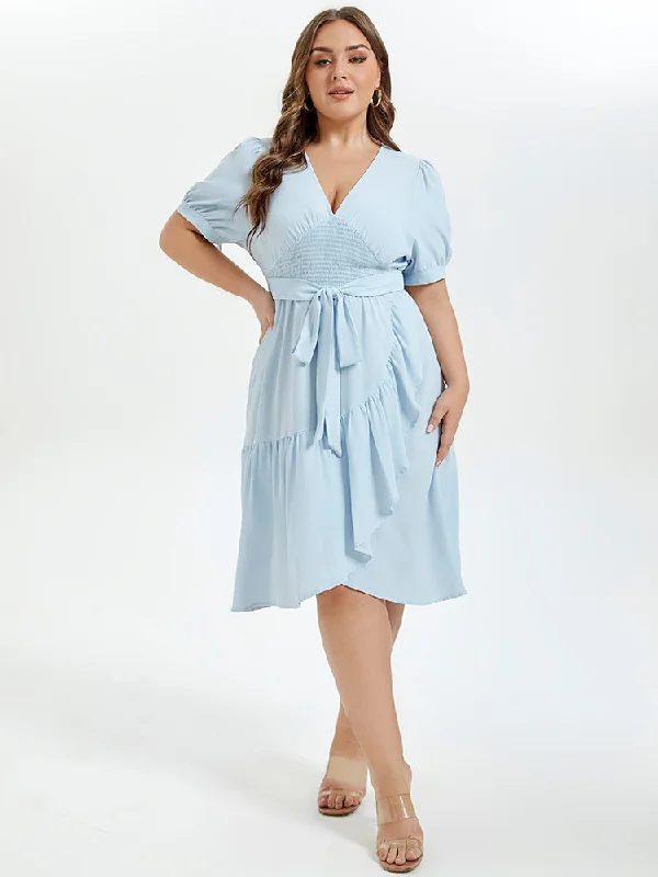 Flash Discount V-Neck Puff Sleeve Ruffle Trim Tie Front Midi Dress