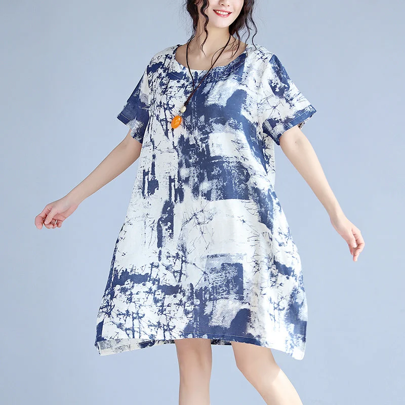 Plus Size Women Wear blue linen knee dress Loose fitting linen clothing dress fine prints o neck short sleeve linen dresses