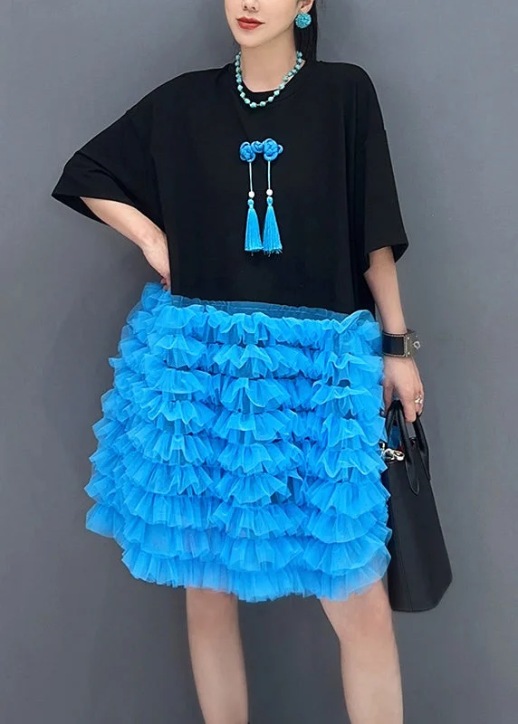 Flash Sales Loose Black O Neck Tulle Patchwork T Shirt Dresses Summer