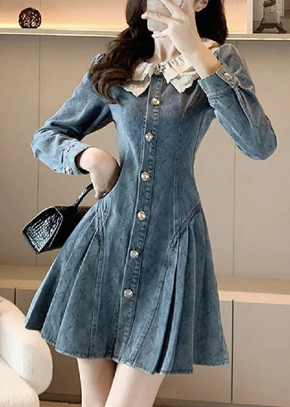 Flash Discount Slim Fit Blue O-Neck Lace Patchwork Button Denim Mid Dress Long Sleeve