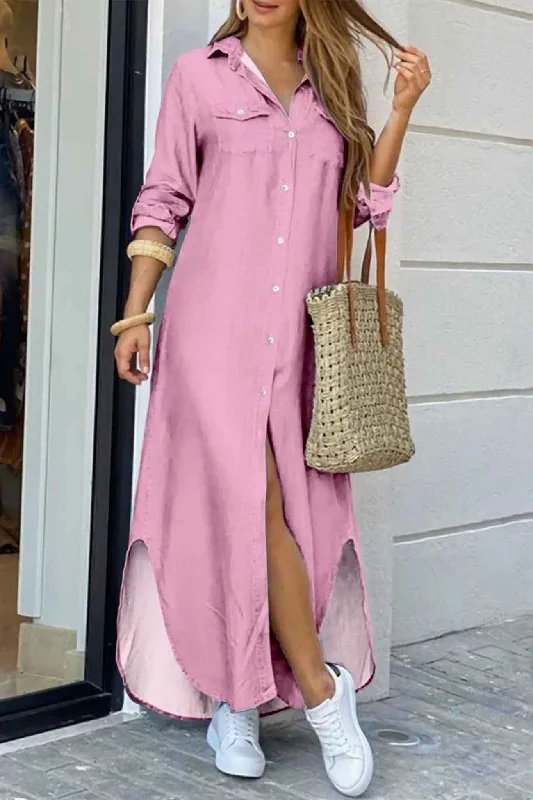 Summer Sale Long Sleeve Button Up Pocket Shirt Dress