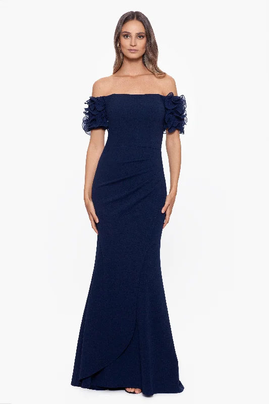 Women Clothing "Ashlyn" Long Scuba Crepe Off the Shoulder Wire Flower Gown