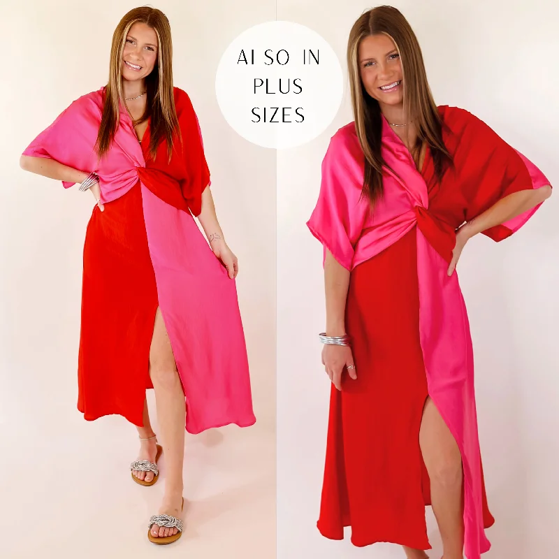 Everyday Basics Last Chance Size Small & Medium | Take My Breath Away Front Knot Color Block Midi Dress in Red and Pink