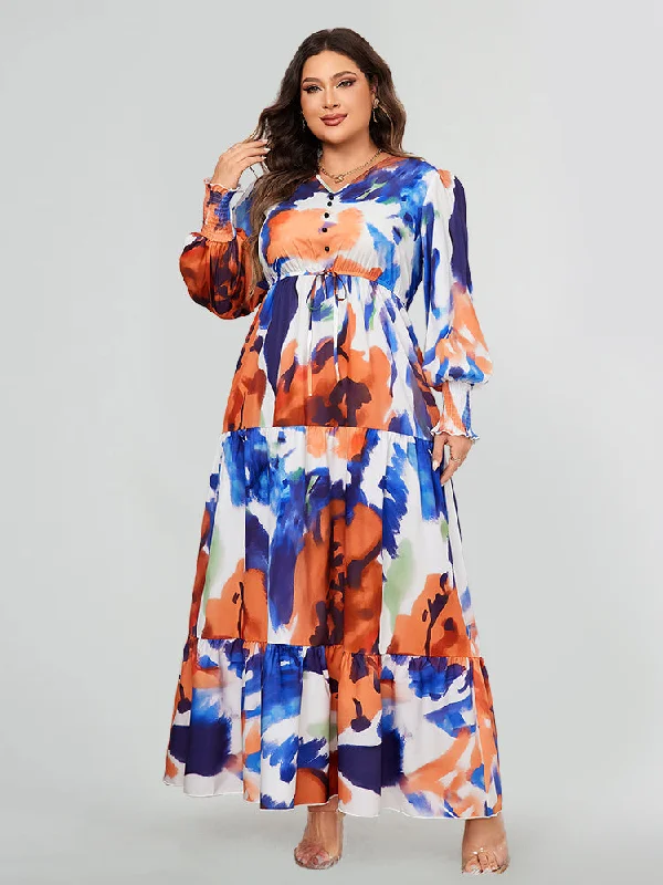 Special Offer Boho Floral Print Button Front Ruffle Dress