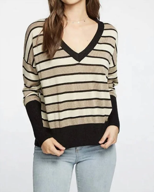 Classic Women's Clothing Styles Long Sleeve Striped V-Neck Sweater In Black & Gold Stripe