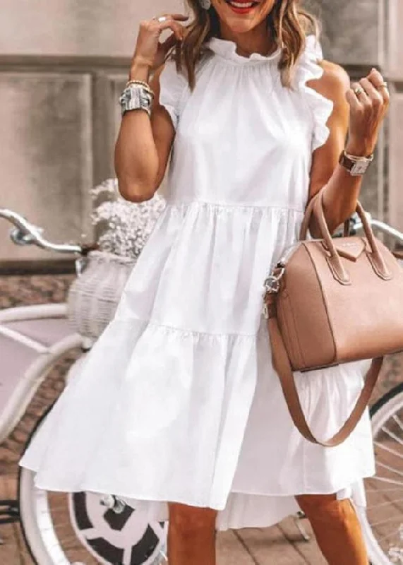 Snag Fabulous Fashion Bargains New White Ruffled Solid Cotton Dress Sleeveless