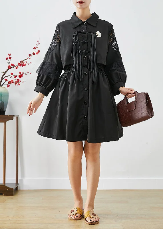 Stupidly Low Prices French Black Tasseled Cinched Patchwork Cotton Fake Two Piece Shirt Dresses Fall