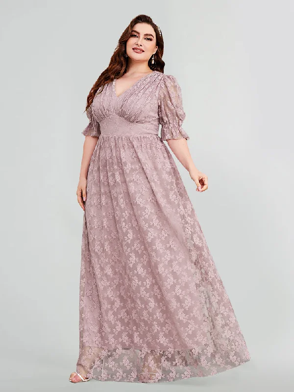 Women's Evening Wear Plus Mauve Floral Embroidery Lace V-Neck Puff Sleeve Maxi Dress