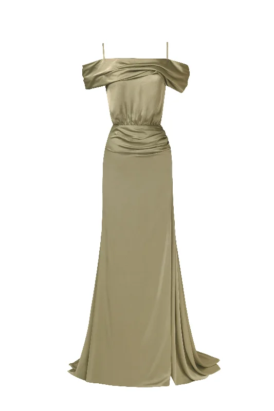 Women's Clothing Boutique Elegant olive off-the-shoulder silk maxi dress