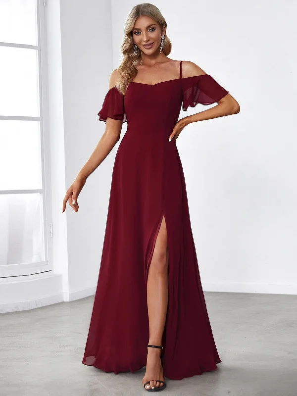 Athleisure Wear Special Offer Cold Shoulder High Slit Chiffon Wedding Guest Dress