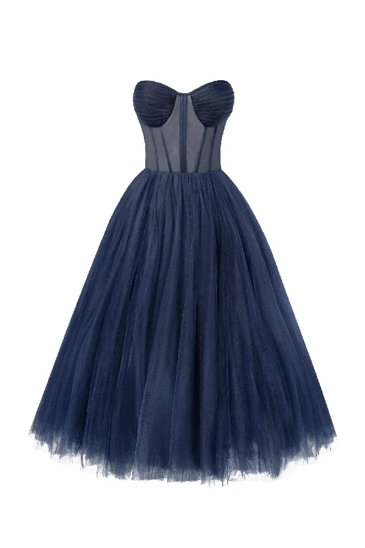 Daily Essentials Navy Strapless Puffy Midi Tulle Dress