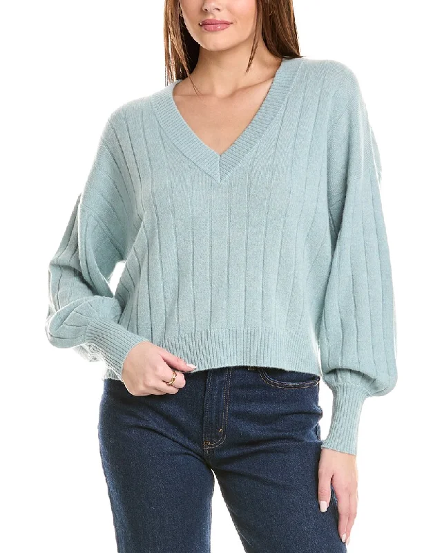 Dive Into Trendy Styles 27 Miles Malibu womens  Ribbed V-Neck Lantern Sleeve Cashmere Sweater, m, Blue