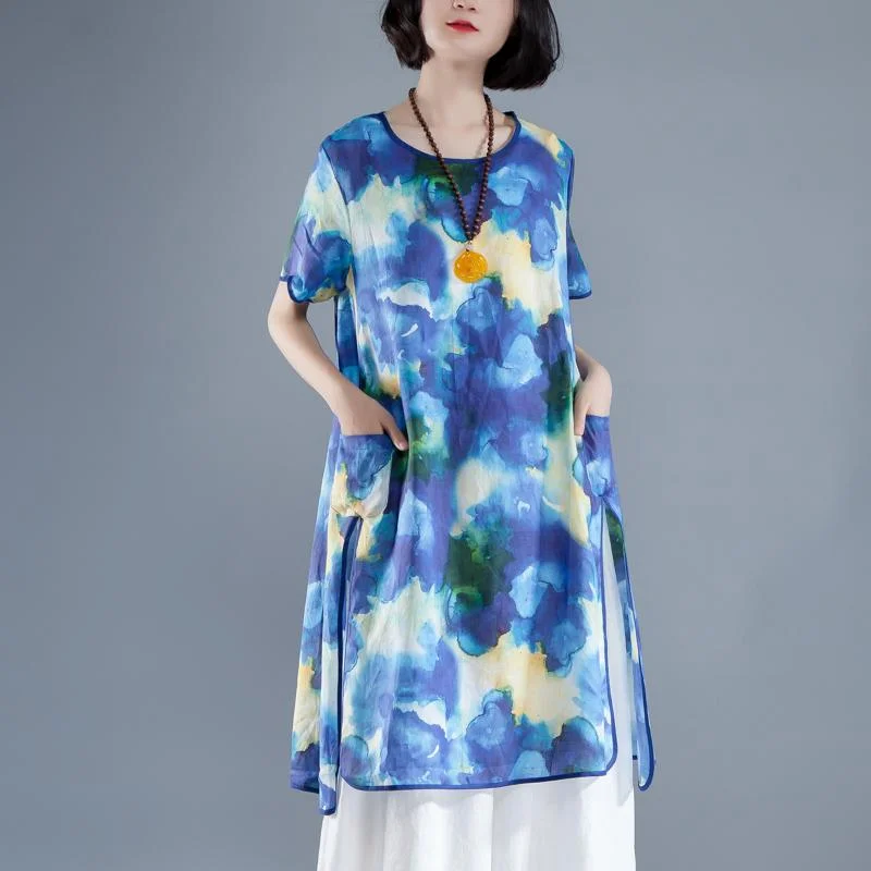 Top 10 Women's Online Clothing Stores brief linen sundress trendy plus size Short Sleeve slit Summer Casual Printed Dress