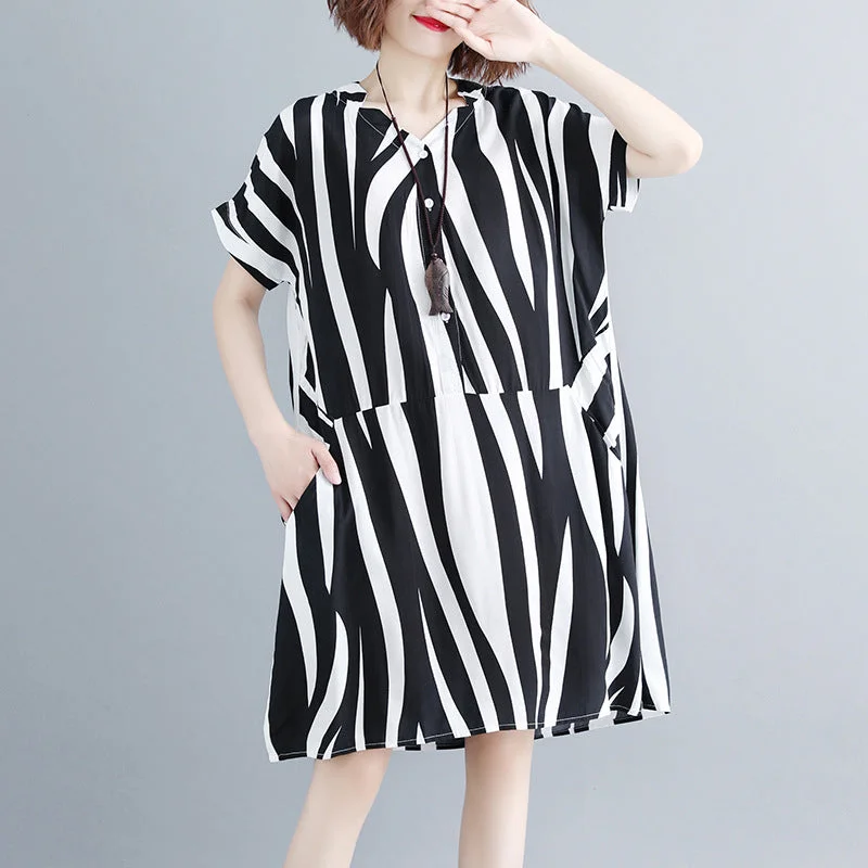 Trendy Women's Outfits for Casual Wear fashion striped cotton linen dresses plus size short sleeve gown 2018 v neck cotton linen dress