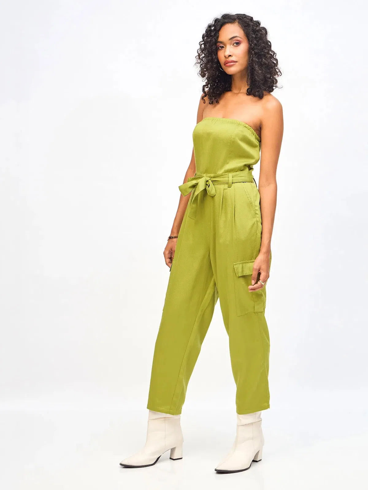 Designer Women's Fashion Online Women Olive Twill Off-Shoulder Belted Jumpsuit