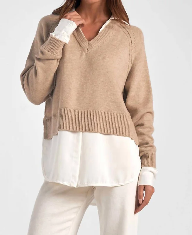 Chic Wardrobe Stevie Layered Sweater/shirt Combo In Taupe/white