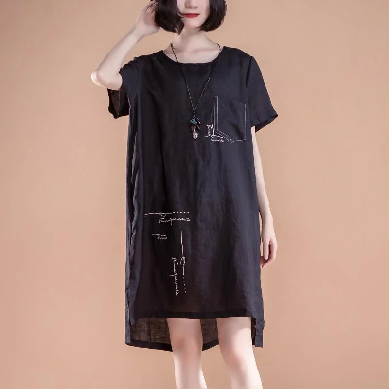 Insane Discount Onslaught boutique summer dresses Loose fitting High-low Hem Summer Short Sleeve Pockets slit Black Dress