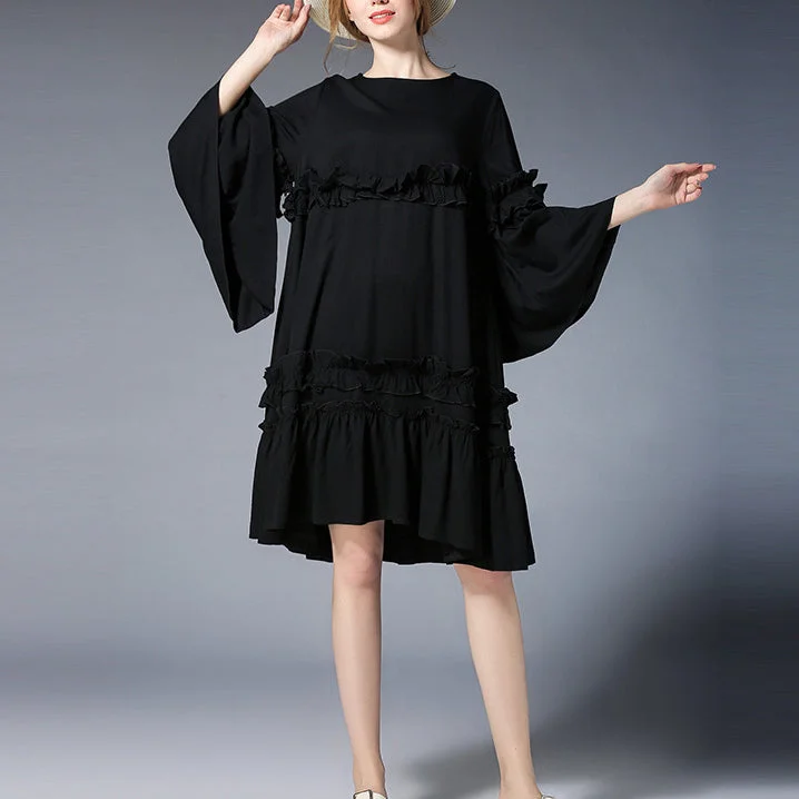 Trend Setting Wardrobe fashion black Midi-length linen dress plus size clothing linen maxi dress Elegant flare sleeve ruffles midi dress