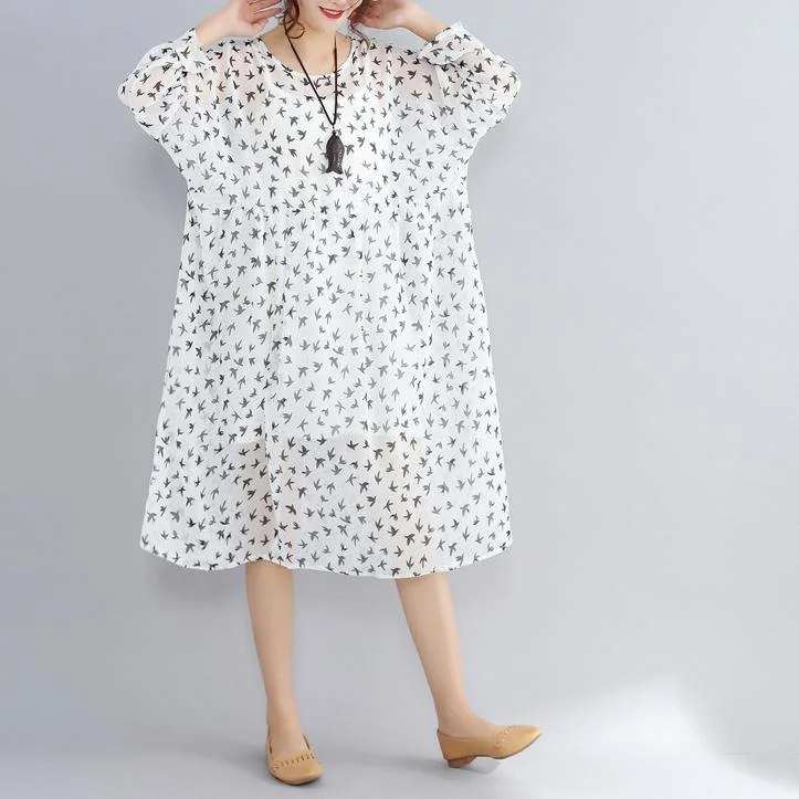 Women's Clothing 2018 white prints natural chiffon dress oversized long sleeve two pieces chiffon dress