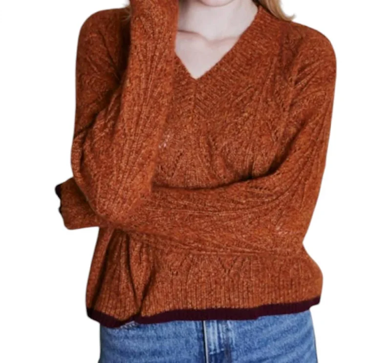 Trendy Women's Apparel for All Seasons Boxy Shell Stitch Tipped V-Neck Sweater In Rust