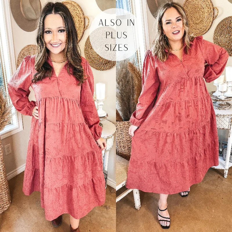 Early Bird Offer Sweet Glances Long Sleeve Tiered Midi Dress in Dusty Coral