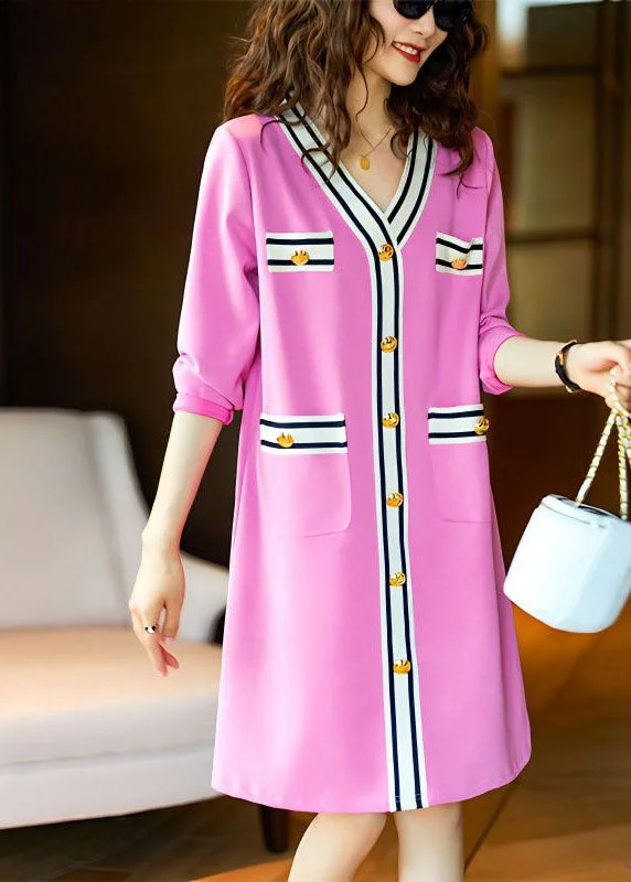 Chic Trends For The Fashion Savvy Elegant Pink V Neck Button Patchwork Cotton Mid Dress Spring