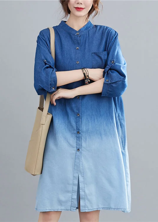 Outfits For Women Blue Gradient Color Denim Holiday Dress Stand Collar Fall