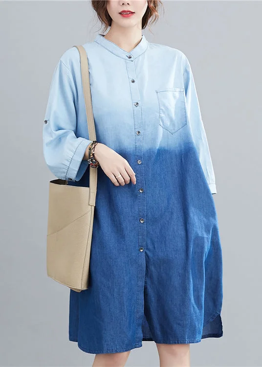 Best Boutiques Online French Light Blue Stand Collar Gradient Color Denim Dress Fall