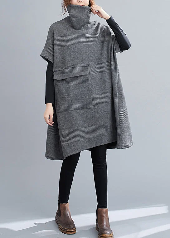 Vintage Style Clothing Sale Loose Grey Turtleneck Pockets Patchwork Knit Mid Dresses Fall