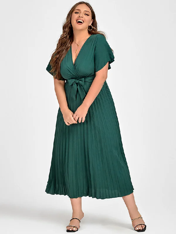 Chic Casual Wardrobe Essentials Plus Green Ruffle Sleeve Wrap Midi Dress