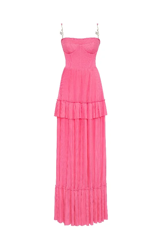 Effortless Style, Endless Impact Barbie pink spaghetti strap pleated maxi dress, Garden of Eden