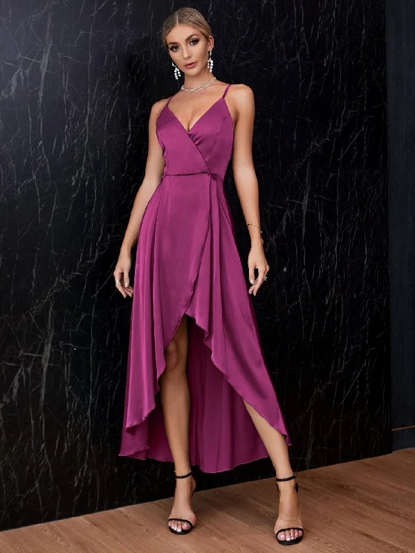 Holiday Gift Guide Sale KittenAlarm - Surplice Front Crisscross Back Satin Tulip Hem Dress