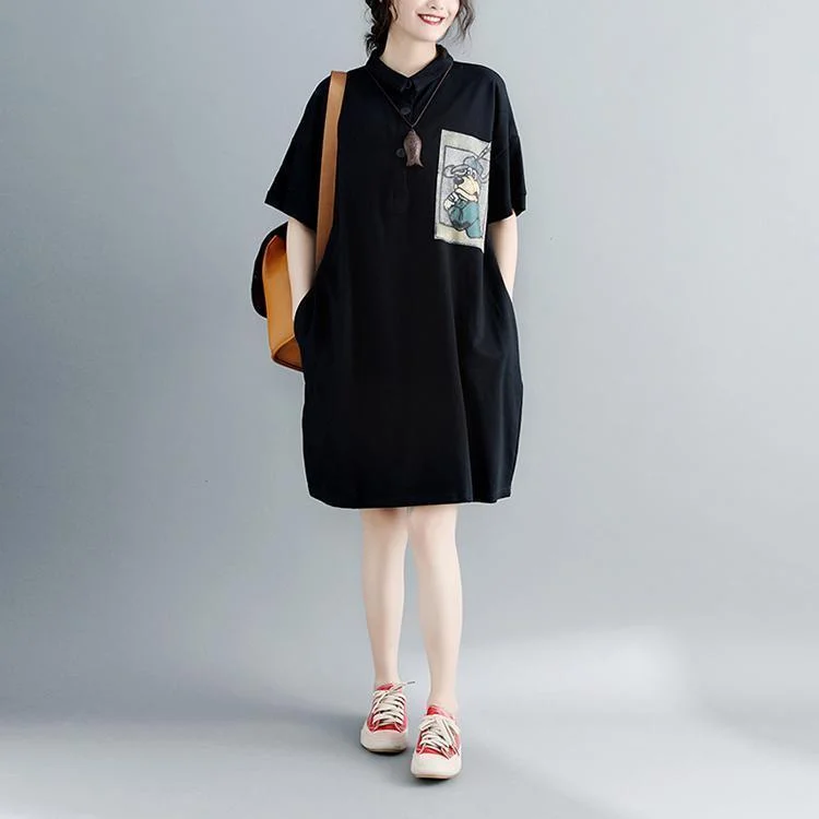 Best Online Boutiques For Women boutique black natural cotton dress oversized cotton dress Elegant short sleeve Turn-down Collar clothing dress