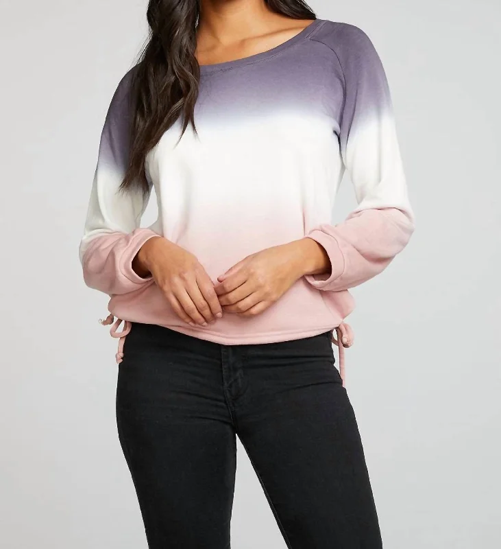 Must Haves Slub French Terry Blouson Sleeve Side Tie Raglan Pullover In Sunset Ombre