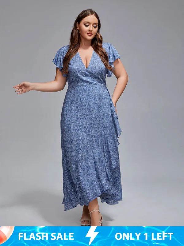 Timeless Classics Plus Floral V-Neck Ruffle Sleeves Wrap Maxi Dress