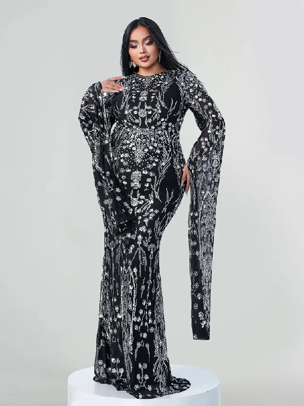 Best Boutiques Online Plus Black Floral Sequin Embellished Long Sleeve Mermaid  Draped Sleeves Maxi Dress